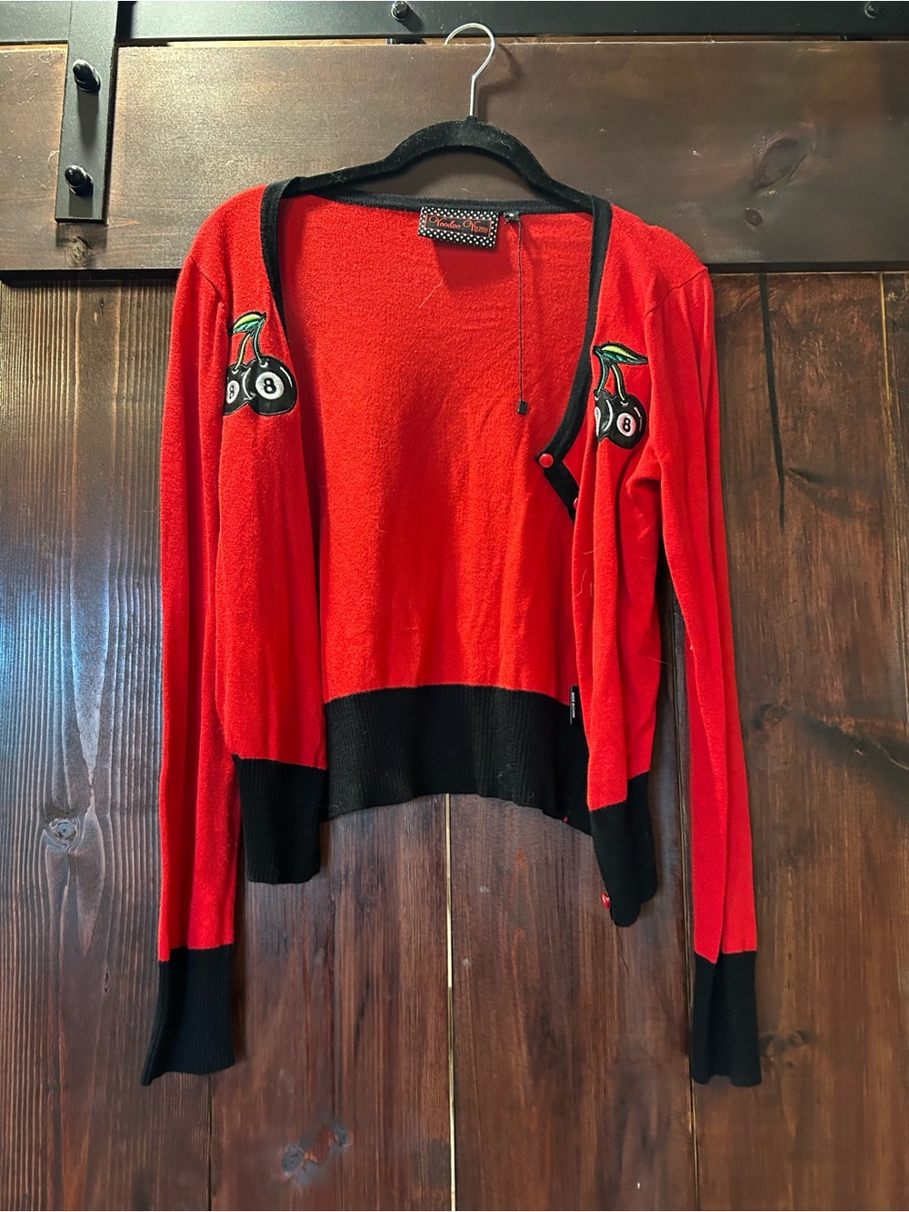 Voodoo Vixen Red and Black Cherry 8 Ball Women's Cardigan Sweater